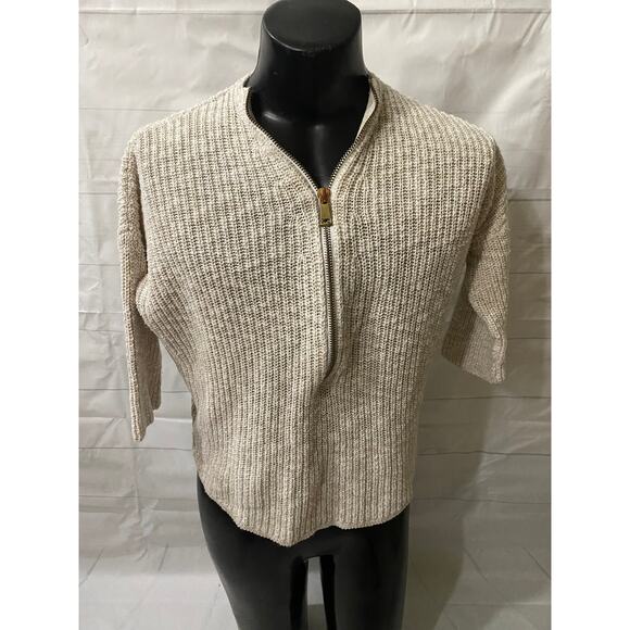 ABS Allen Schwartz Vanilla Marled Knit Cardigan Sweater Gold Zipper - Size Small - Picture 1 of 6